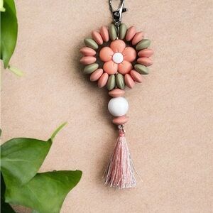 Floral Tassel Keychain with Pink and Green Beads